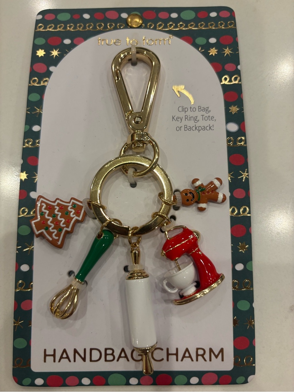 True to Form Holiday Baking Handbag Charm – Red, Green, White, Gold